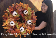 Load image into Gallery viewer, Easy Fine Fall Wreaths for Front Door 24 Inch,Fall Door Wreath Large,Farmhouse Fall Decor,Thanksgiving Decorations with Fall Leaves White Pumpkins Orange Berries for Wall Porch Table,Fall Outdoor Wreath,Autumn Wreath