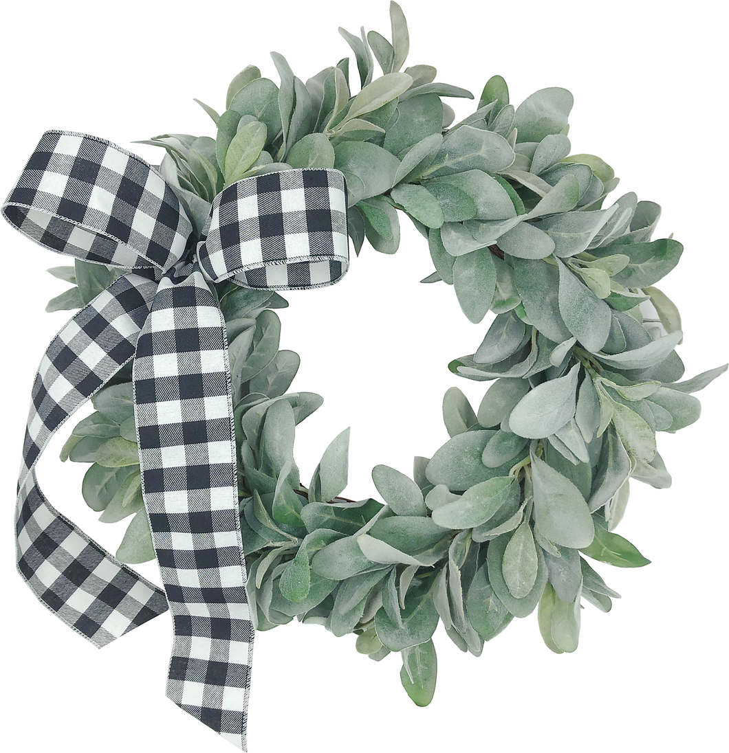 18 Inch Lambs Ear Wreath with Buffalo Plaid Bow-old