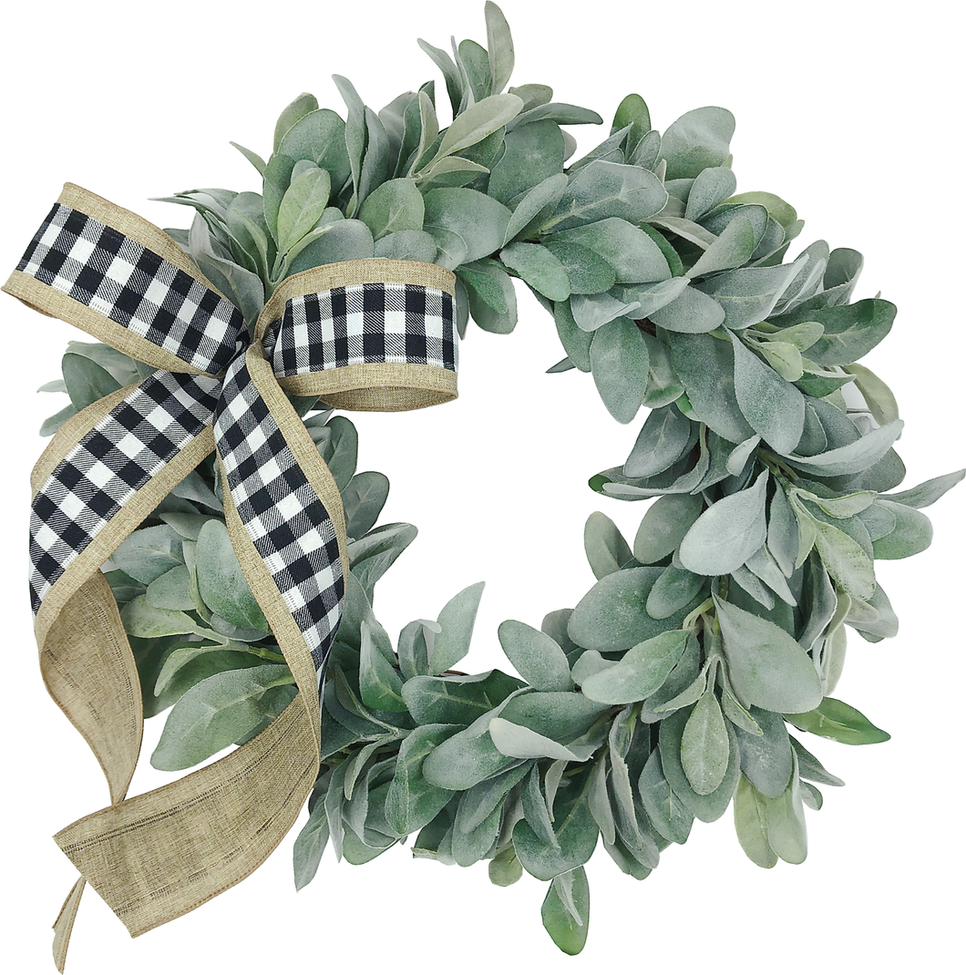 Lambs Ear Wreath 18 Inch with Burlap & Buffalo Plaid Bow-new