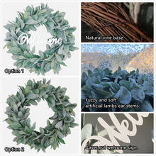 Load image into Gallery viewer, lambs ear wreath 19inch with welcome sign
