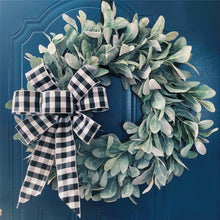 Load image into Gallery viewer, Easy Fine Lambs Ear Wreath 22 Inch Baffalo Plaid Bow
