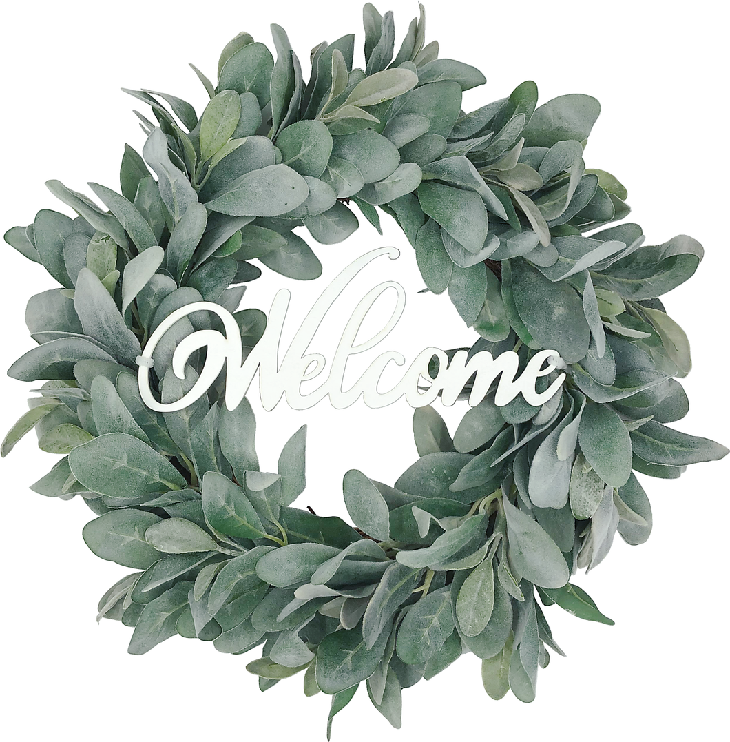 lambs ear wreath 19inch with welcome sign